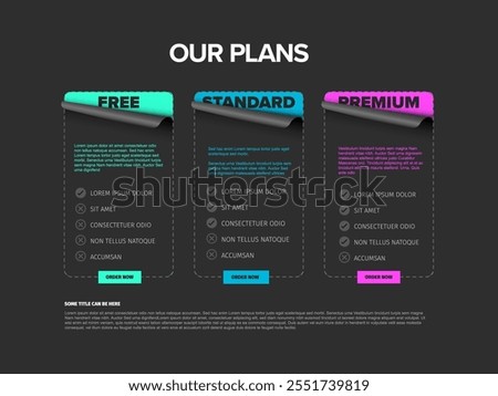 Dark Product features schema template cards with three services, feature lists, order buttons and descriptions. Pricing table for free standard and premium subscription