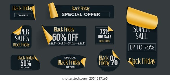 Dark promotional badges and stickers with golden peeled corners for Black Friday sale campaign. Realistic vector set of elegant labels with discount percentages, special offers and super sale text.