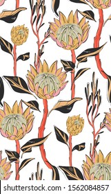 Dark Protea with leaves seamless pattern design. Hand-drawn flower sketch. Botanical line art drawing, seamless foliage background. Design  website cover, fabrics background
