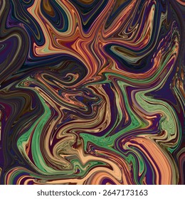 Dark psychedelic marble texture with neon greens, reds, and oranges. Bold abstract swirls evoke energetic chaos and depth in a digital painting style.
