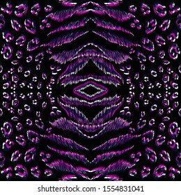 Dark Puma Skin Vector Seamless Pattern. Dark Jaguar Camouflage India Wallpaper. Neon Panther Skin Safari Texture. India Fashion Jaguar Background. Purple Jaguar Print