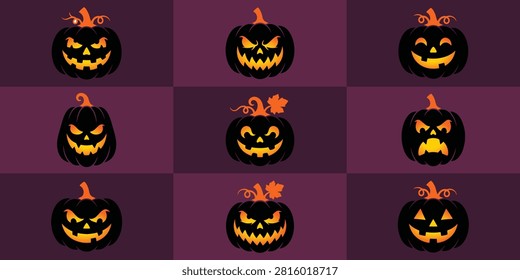 Dark pumpkin lanterns with glowing faces for halloween frame freepik, halloween