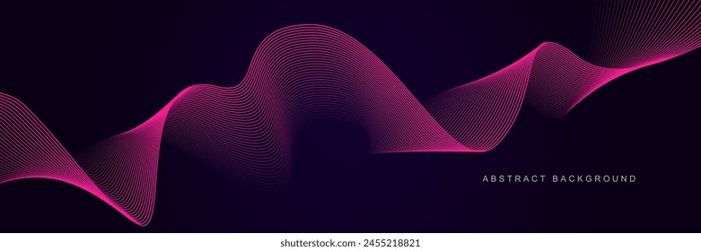 Dark purple abstract background with glowing waves. Shiny lines design element. Modern pink blue gradient flowing wave lines. Futuristic technology concept. Vector illustration