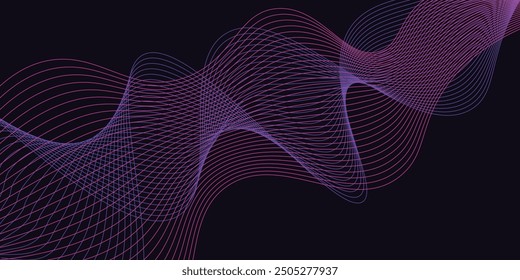 Dark purple abstract background with glowing waves. Shiny lines design element. Modern pink blue gradient flowing wave lines. 