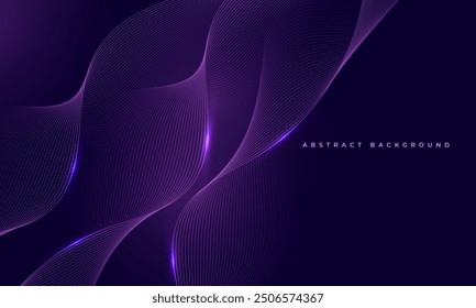 Dark purple abstract background with glowing blue wavy lines. Dark violet technology vector illustration with striped wave lines