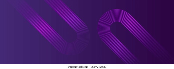 Dark purple abstract background with glowing geometric lines. Modern shiny purple diagonal rounded lines pattern. Futuristic technology concept. Suit for cover, poster, presentation, banner, website