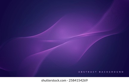 Dark purple abstract background with glowing blue wavy lines. Dark violet technology vector illustration with striped wave lines