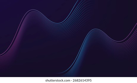 Fondo abstracto púrpura oscuro con diseño de línea de onda curva azul rosa brillante