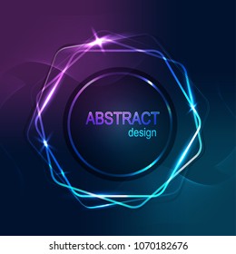 Dark purple abstract template for a poster, flyer or banner. A bright luminous hexagonal frame against background of lines waves.