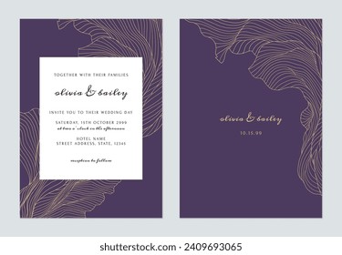 Dark purple abstract wavy line art wedding invitation template