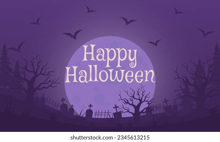 dark and purple atmosphere halloween background, full moon, big tree, pumpkin head