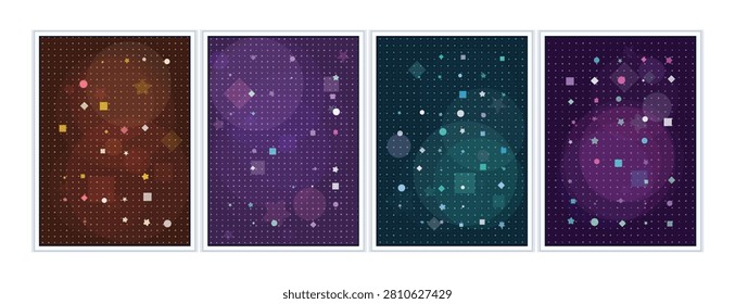 Dark purple backdrop with vibrant geometric elements stars circles squares diamonds and soft bokeh circles. Enchanting and magical feel for events.