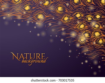 Dark purple background with feathers pattern and gold glow. Nature backdrop. Graphic design for invitation card, cosmetic package. Vector illustration. Hand drawn tail of peacock. Tail of phoenix.