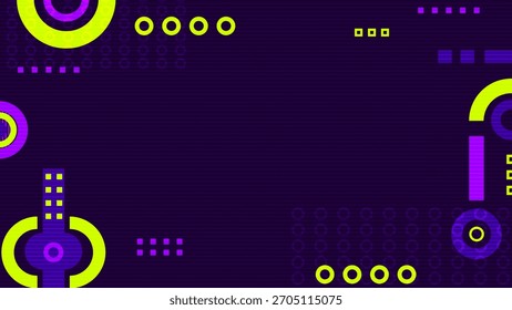 Ein dunkelvioletter Hintergrund verfügt über neongrüne und violette geometrische Formen. Das Design umfasst Kreise, Quadrate und Gitter mit einem horizontalen Scanline-Textur-Effekt-Overlay