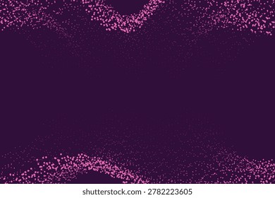 A dark purple background is filled with scattered pink dots of varying sizes, creating an abstract, bokeh-like effect. The particles are denser along the and bottom edges, forming curved, dynamic shapes that frame a central empty space.