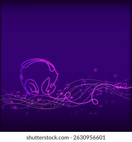 Dark purple background with glowing neon headphone outline and smooth pink sound waves, notes, stars and glowing lights. Perfect for music or tech designs.