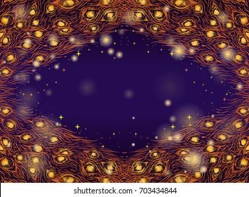 Dark purple background with peacock luminous feathers. Nature nature of a bird of paradise Vector.Figure of the tail peacock. Use for the invitation card at a party or masquerade.Carnival. Hanuka.