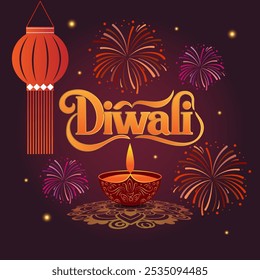 A dark purple background with a red lantern hanging from the left side In the center the word Diwali is written in a decorative font and below it there is a diya sitting on a mandala pattern     