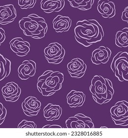 A dark purple background shows off the mauve line art roses scattered across this seamless repeat pattern design.