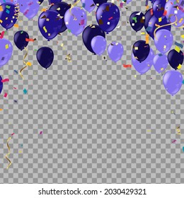 dark purple balloons illustration confetti and ribbons flag Celebration background template typography for greeting card, festive poster etc