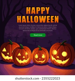 Dark purple banner with cartoon Halloween pumpkins on graveyard. October 31st party invitation or holiday sale poster with glowing Jack-o-lantern, graves and spooky forest. Square wallpaper