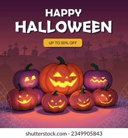 Dark purple banner with cute Halloween pumpkins on graveyard. October 31st party invitation or holiday sale poster with glowing Jack-o-lantern and graves. Spooky wallpaper, square poster