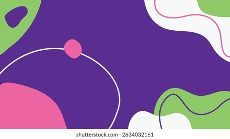 Base roxa escura reforçada com verde, rosa e branco fluindo formas orgânicas, ideal para projetos modernos e divertidos.