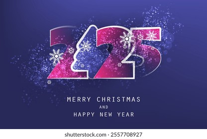 Dark Purple and Blue Christmas and New Year Card, Cover or Background Design Template with Christmas Tree Shape and Snowflakes Pattern - 2025