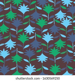 Dark purple with with blue and green tropical leaves seamless pattern background design.