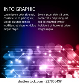 Dark purple blue red Defocused Light, Flickering Lights, Vector abstract festive background with bokeh defocused light. text box. card. Brochure. Abstract Technology background for computer graphic. 