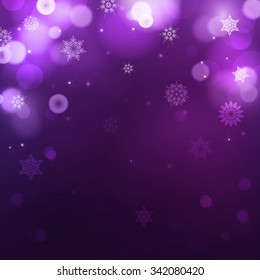 Dark purple blur background for christmas with snowflakes. Holiday abstract background with bokeh. Can be use for new year, christmas or night party