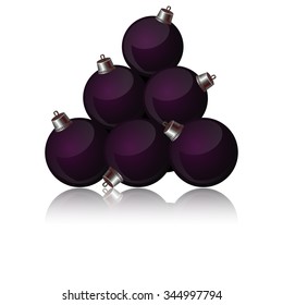 Dark purple Christmas balls arranged as a pyramid a white background. Reflected on the surface.
