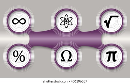 Dark purple circular object and six math icons