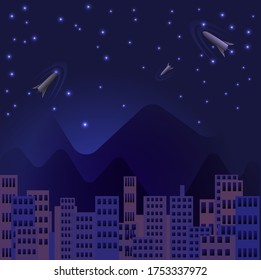 Dark purple cityscape, mountains, stars and spacecraft in the sky 