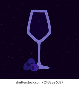 Dark purple cocktail with blackberries. Refreshing mocktail. Alcohol drink for bar. Cold soft liquid in wine glass. Stemware glass. Non-alcoholic beverage. Flat vector illustration with texture