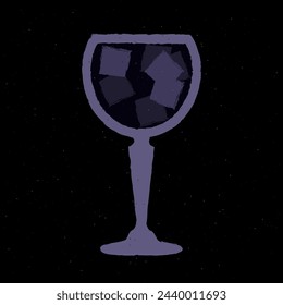 Dark purple cocktail with ice cubes. Dark drink in stemware glass. Black pearl cocktail. Refreshing liquid. Alcohol drink for bar. Flat vector illustration with texture