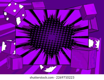 Dark Purple comic book wallpaper with cube shapes. Comics cartoon background poster, banner template.