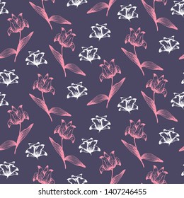 Dark purple elegant seamless pattern with pink and white sketch flowers. Hand drawn illustration of abstract spring flower, texture for textile, wrapping paper, surface, background