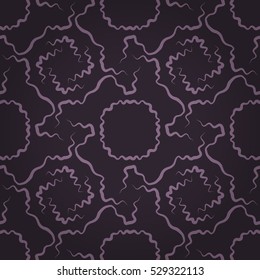 Dark purple fancy seamless pattern background in tribal style. Compound tessellated repeatable backdrop. Contemporary design. Vivid, symmetrical design for textile, game, ads or other purpose.