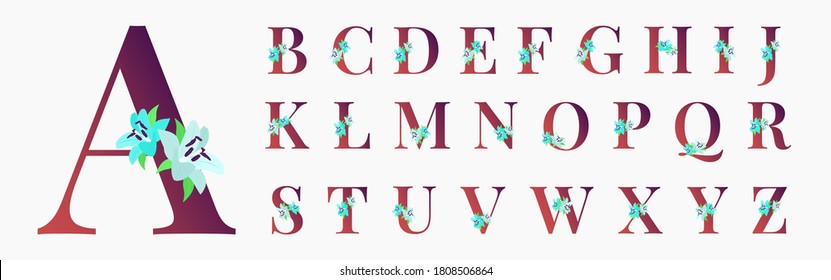 Dark purple floral alphabet font uppercase letters with blue lily flowers with green leaves isolated on white background. Vector illustration for greeting card, wedding invitation template design.