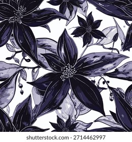 Dark purple floral pattern with dotted centers on white background