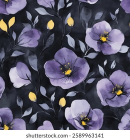Dark purple flowers on a black background. Flower seamless pattern. Watercolor print in rustic vintage style, textile or wallpapers.