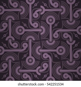 Dark purple geometric seamless pattern in tribal style. Compound tessellated repeatable backdrop.