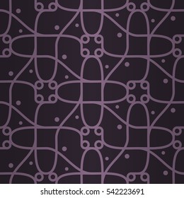 Dark purple geometrical seamless pattern in tribal style. Bright, symmetric design for curtain, packing-paper, ads or other purpose. Vector background. Actual tracery.