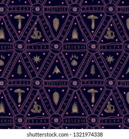 Dark purple and gold eyes and magic mushrooms triangle seamless pattern