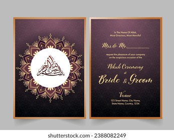 Dark Purple and Golden Arabesque Wedding Invitation Cards In Front And Back View.