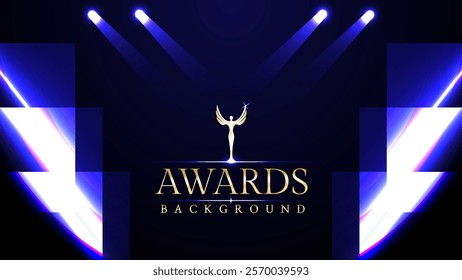 Dark purple and golden award background. Elegant celebration invitation, Premium spotlight wedding invitation design template.