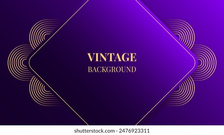 Dark purple gradient abstract background with gold rounded lines and shadows. Modern geometric pattern. Shiny poster or web banner template. Blended lines	