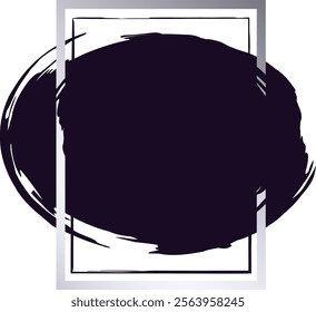 Dark purple grunge circle partially covering white and silver rectangular frame, creating a modern and abstract design, ideal for backgrounds, posters, or artistic compositions