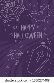 Dark purple happy Halloween flyer. Spooky doodle elements such as coffin, bat, vampire fangs. Can be used as invitation or greeting card.